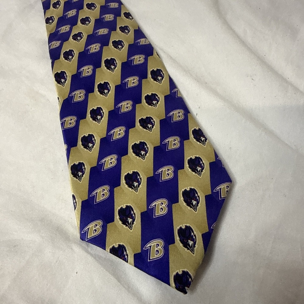 Vintage NFL Baltimore Ravens Mens Silk Necktie Gold Purple Black Bird Head Logo